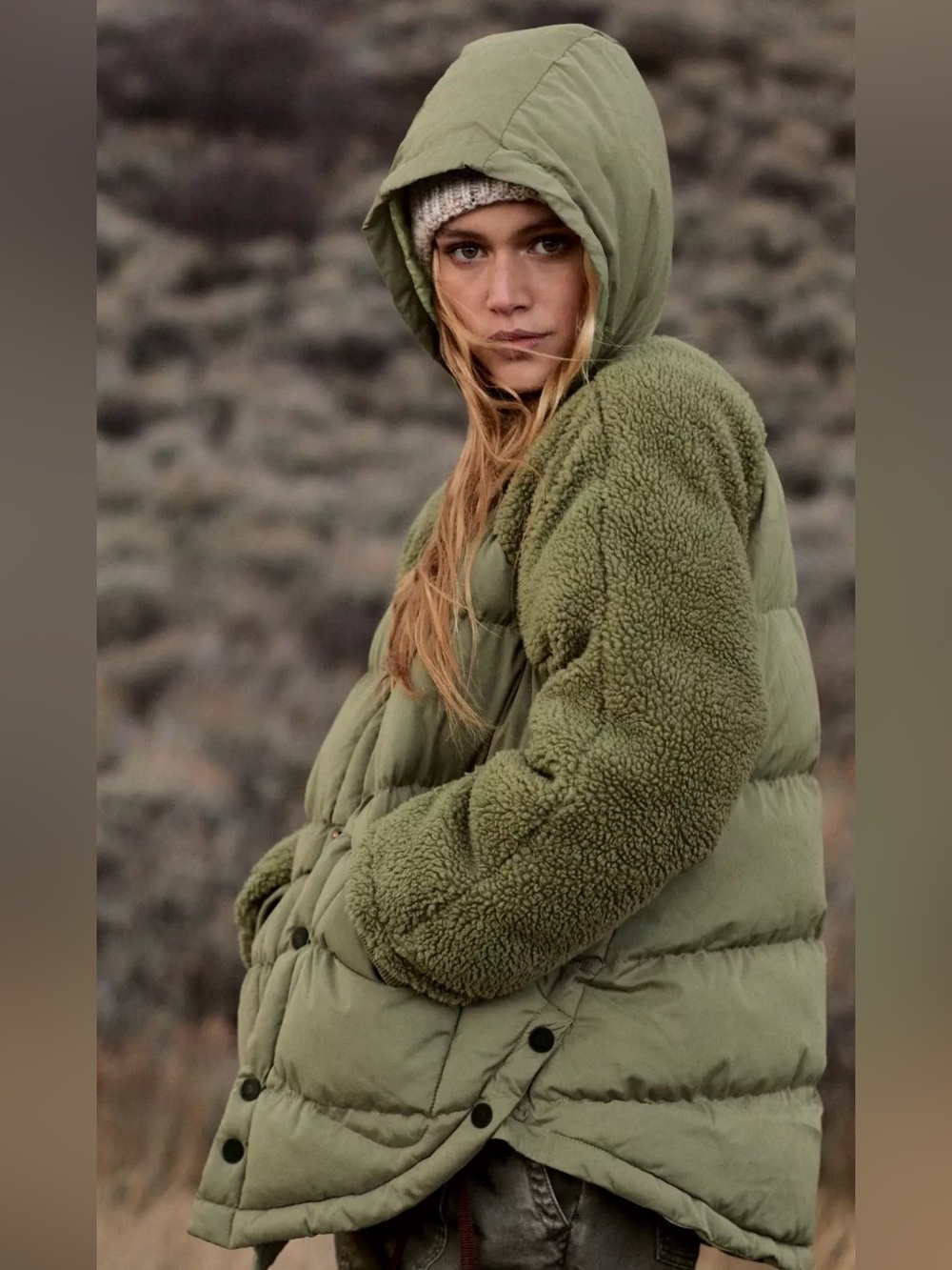 Anthropologie Pilcro Green Swing Puffer Jacket Sherpa Fleece Sleeve Coat Size S